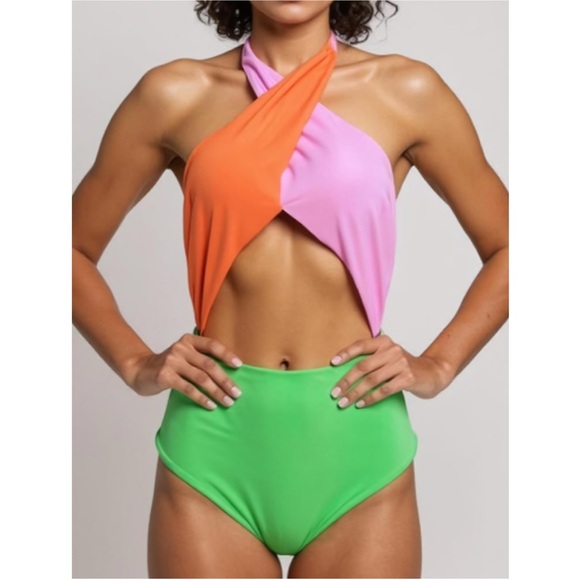 BEACH RIOT Jessica Cut-Out One Piece Swim, Coral Beach Colorblock, Large - Picture 1 of 8